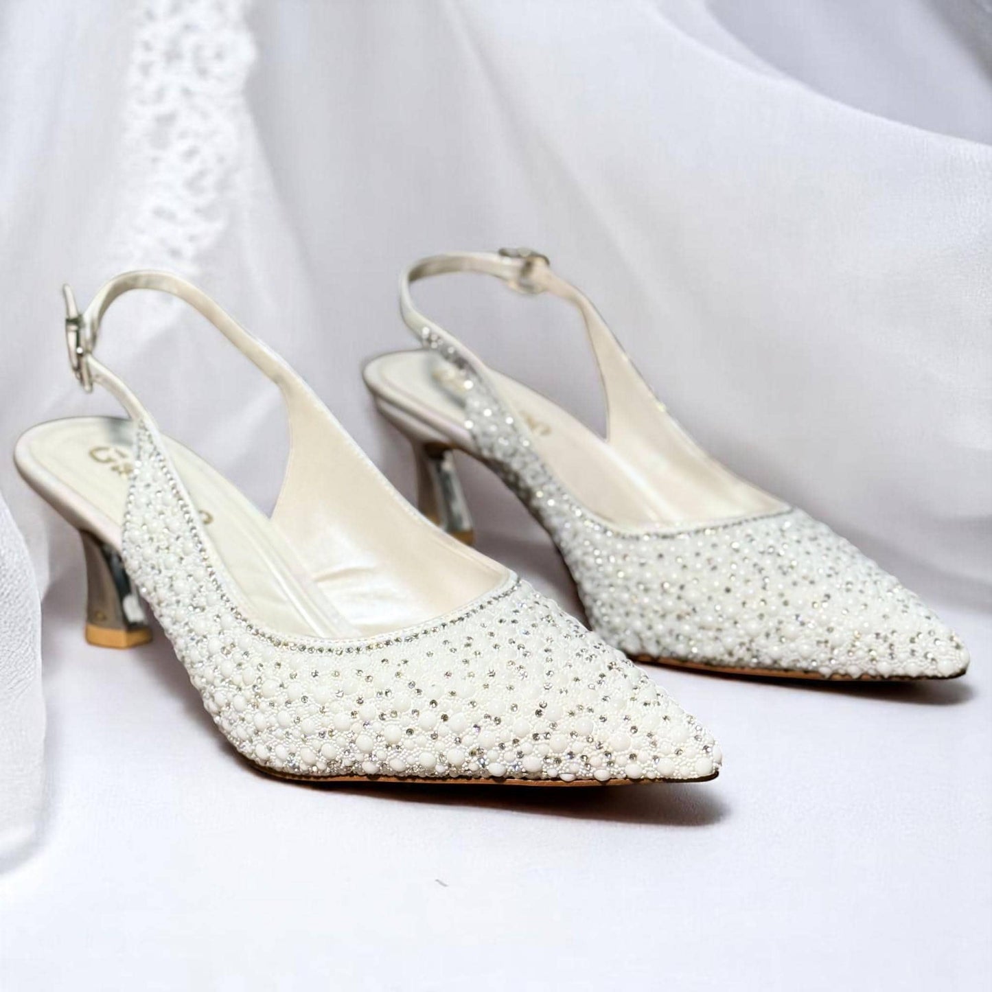 Pearl Embellished Bridal Shoes, Low Heel Slingback Wedding Shoes, Pointed Toe Kitten Pumps