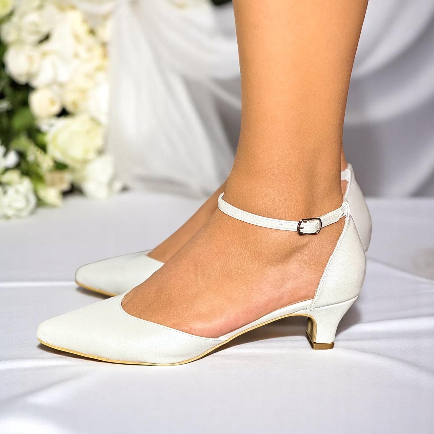 Pearl Low Heel Bridal Shoes, Leather Wedding Pumps with Ankle Strap, Flat Bridal