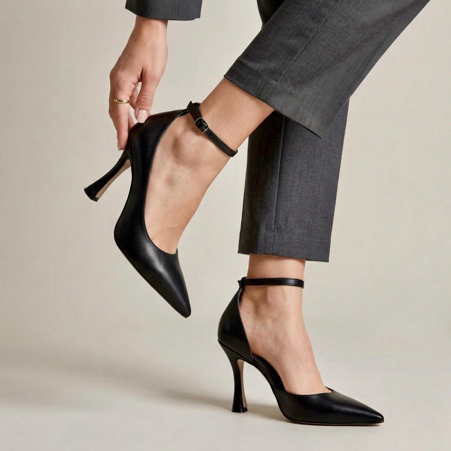 Black Matte Leather Stiletto Heels, Pointed Toe Ankle Strap Pumps Elegant Wedding Evening Shoes