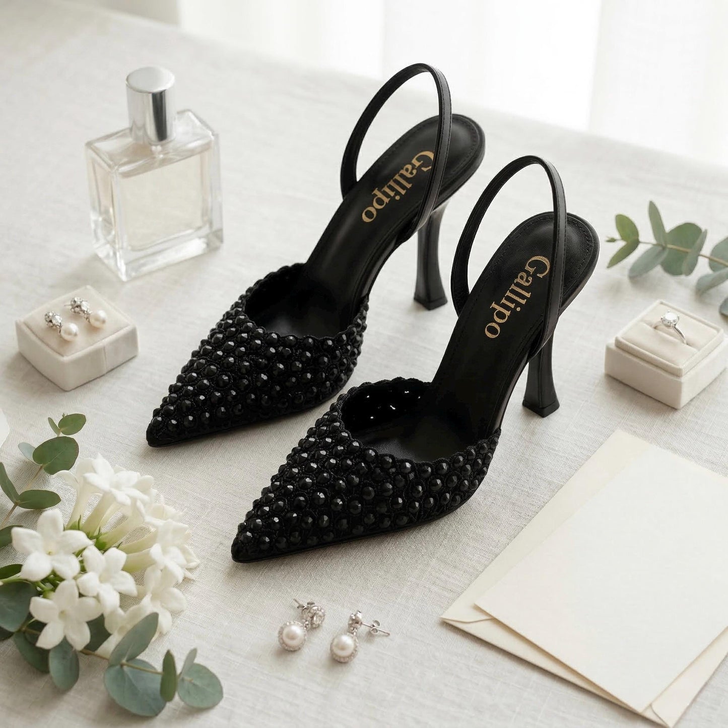 Black Crystal Embellished Heels, Mesh Slingback Pumps, Pointed Toe Evening Party Shoes