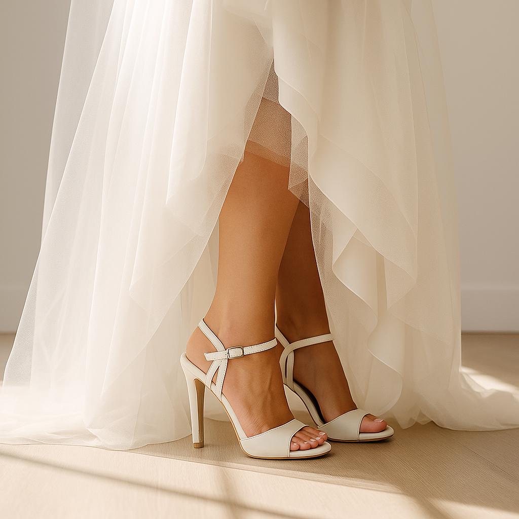 Ivory Leather Minimalist Ankle Strap Wedding Heels, Elegant Bridal Shoes
