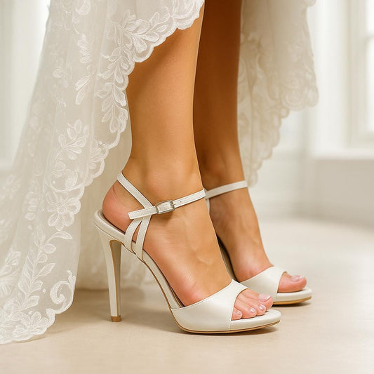 Ivory Leather Minimalist Ankle Strap Wedding Heels, Elegant Bridal Shoes