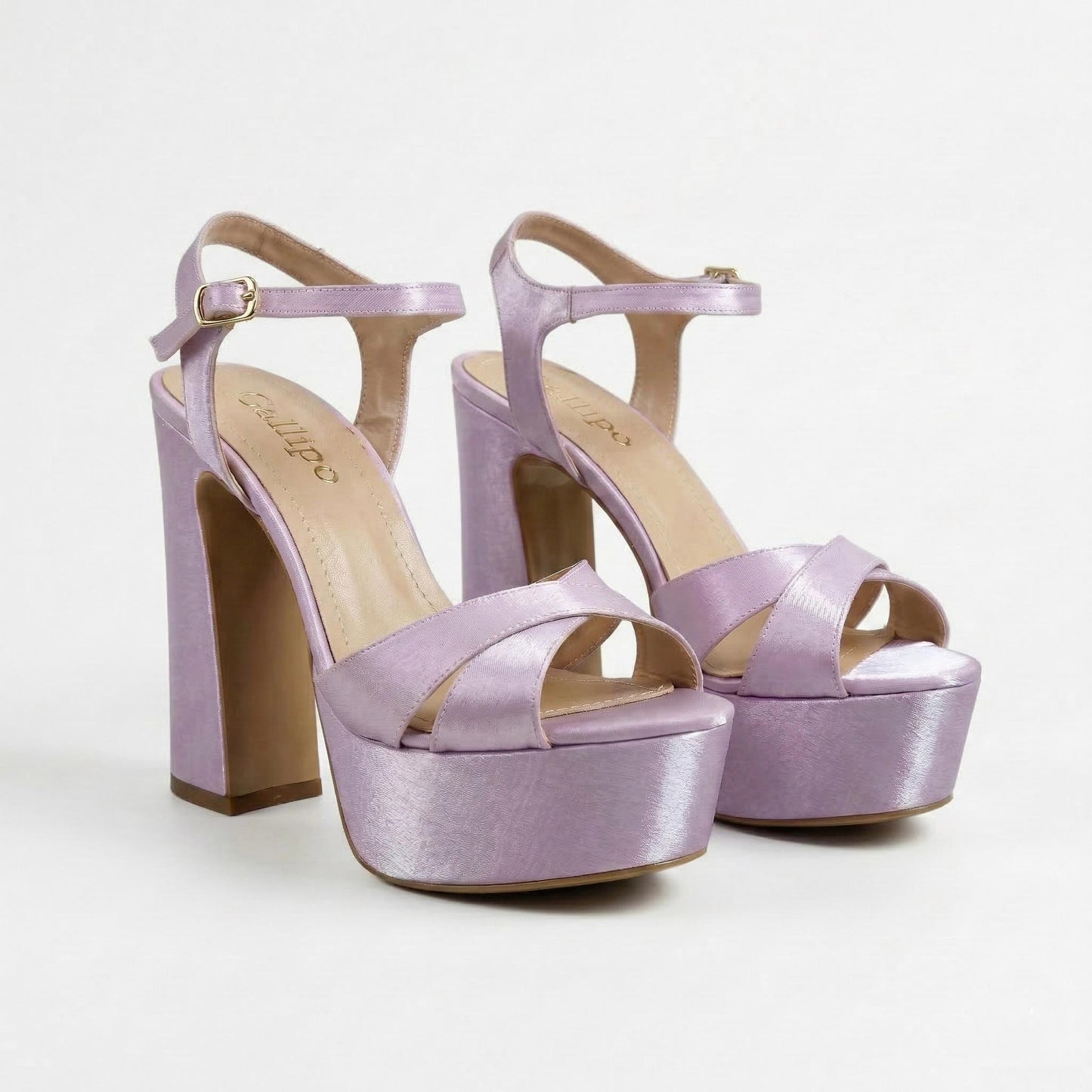 Lilac Satin Platform Bridal Shoes, High Block Heel Sandals, Open Toe Wedding Shoes