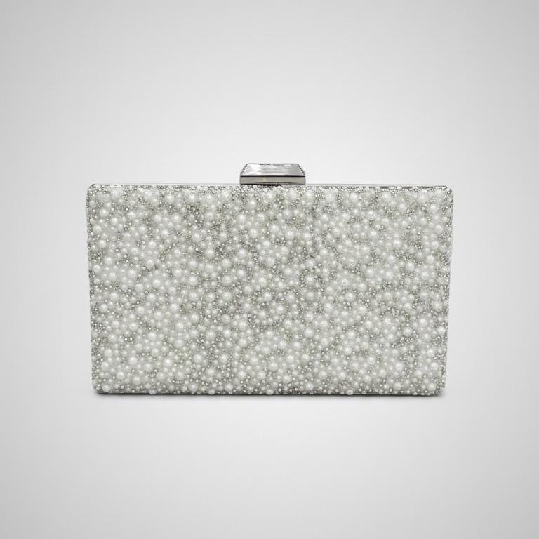 Pearl Crystal Bridal Clutch, Beaded Metal Box Wedding Purse