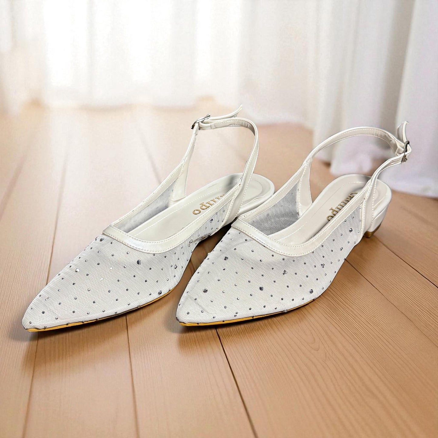 Crystal Mesh Bridal Shoes, Low Heel Wedding Shoes, Sheer Pointed Toe Bride Sandals