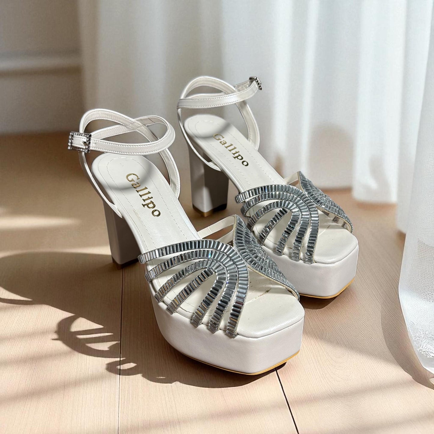 Pearl Platform Bridal Shoes, Mirror Strap Wedding Shoes, Rhinestone Block Heel
