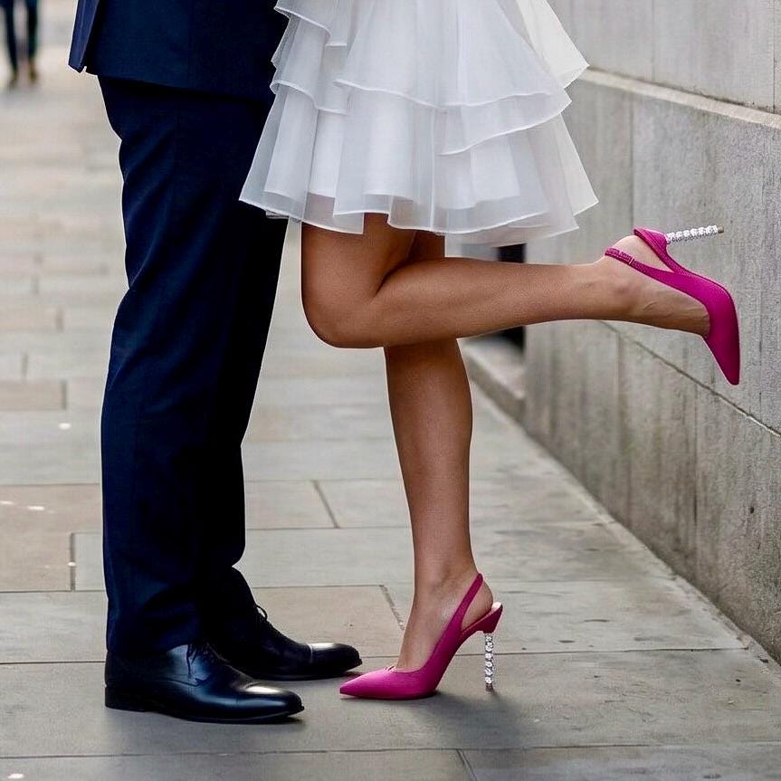 Fuchsia Satin Crystal Heel Stiletto Bridal Shoes, Pointed Toe Slingback Elegant Wedding Shoes