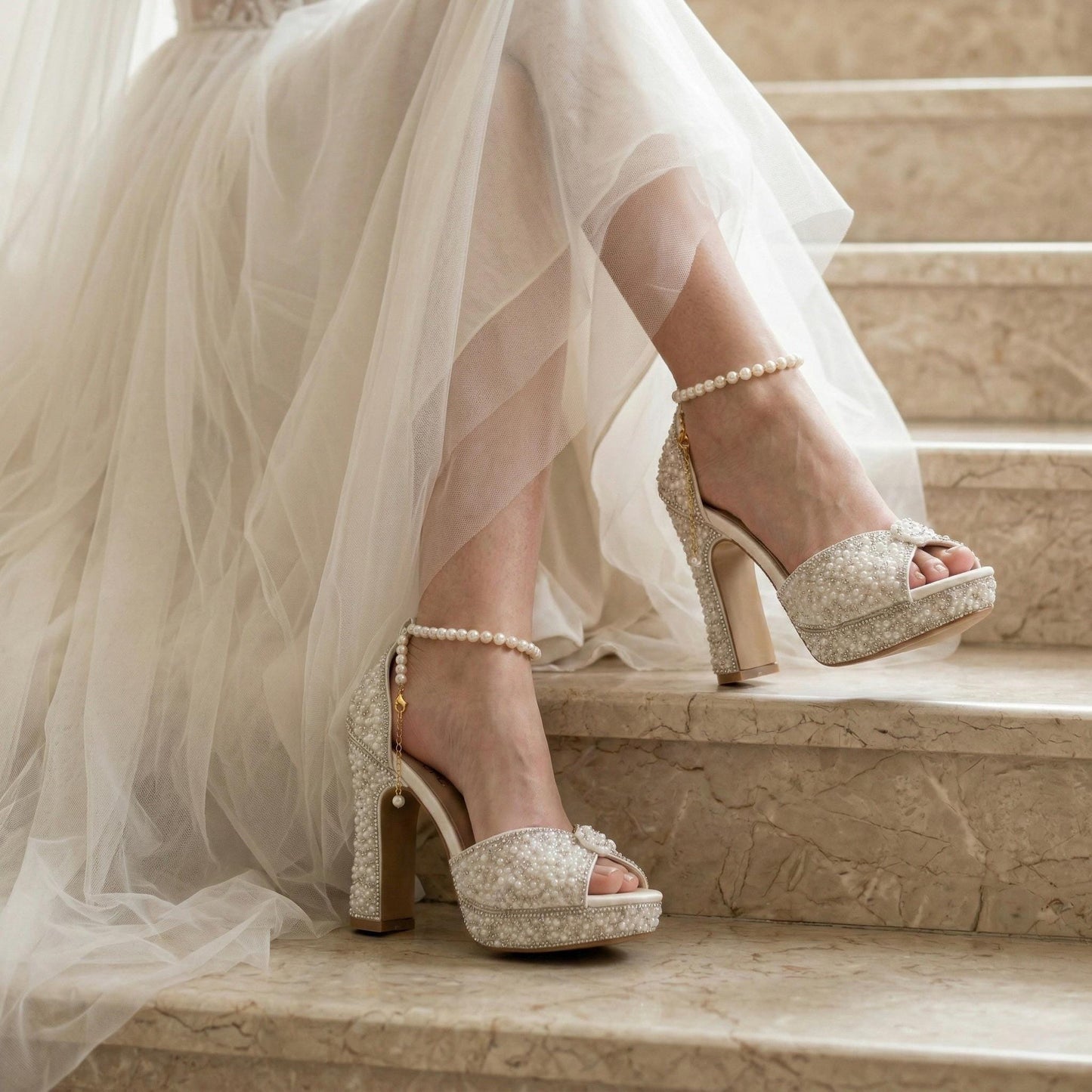 Pearl Embroidered Wedding Heels, Sparkly Ivory Bridal Shoes, Platform Heel