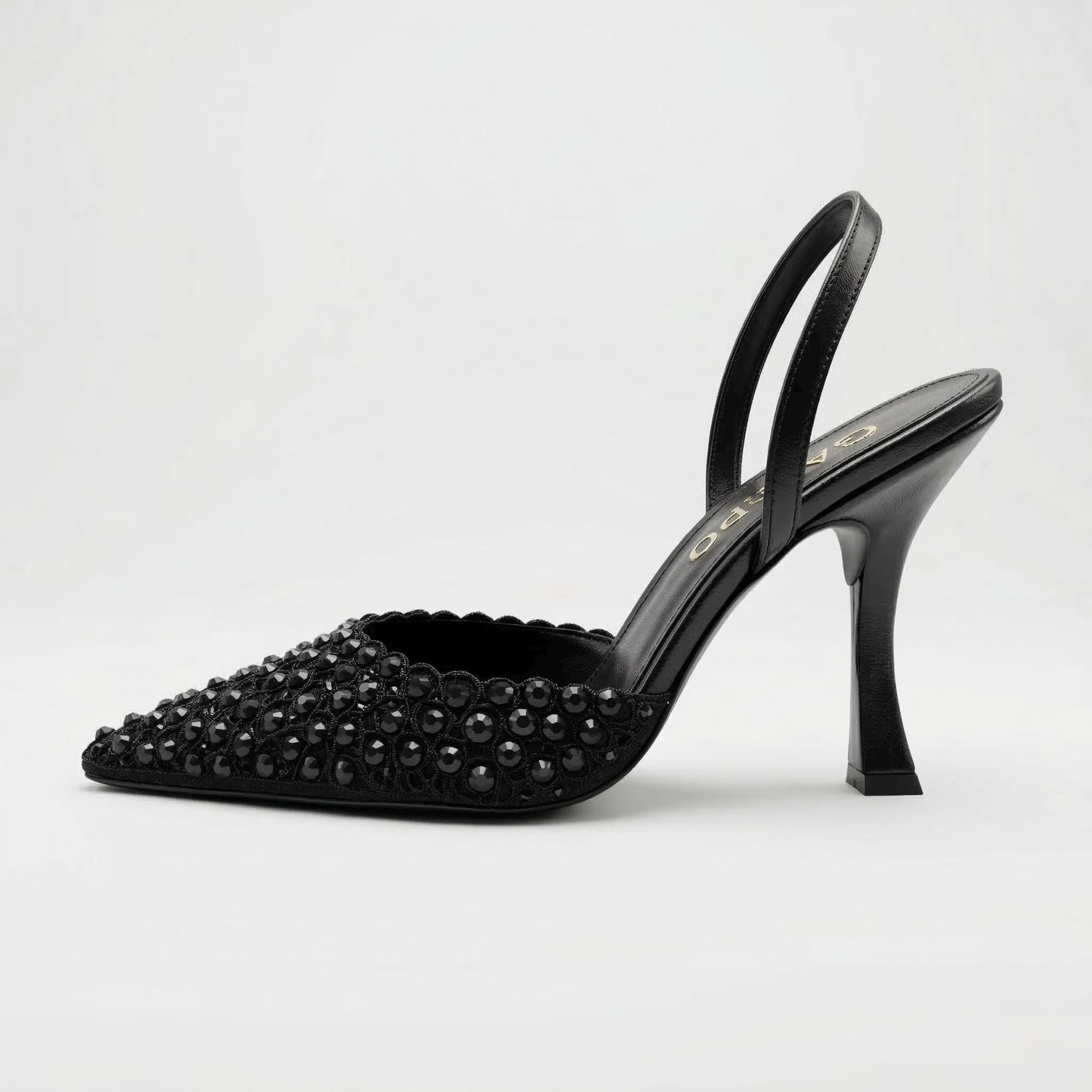 Black Crystal Embellished Heels, Mesh Slingback Pumps, Pointed Toe Evening Party Shoes