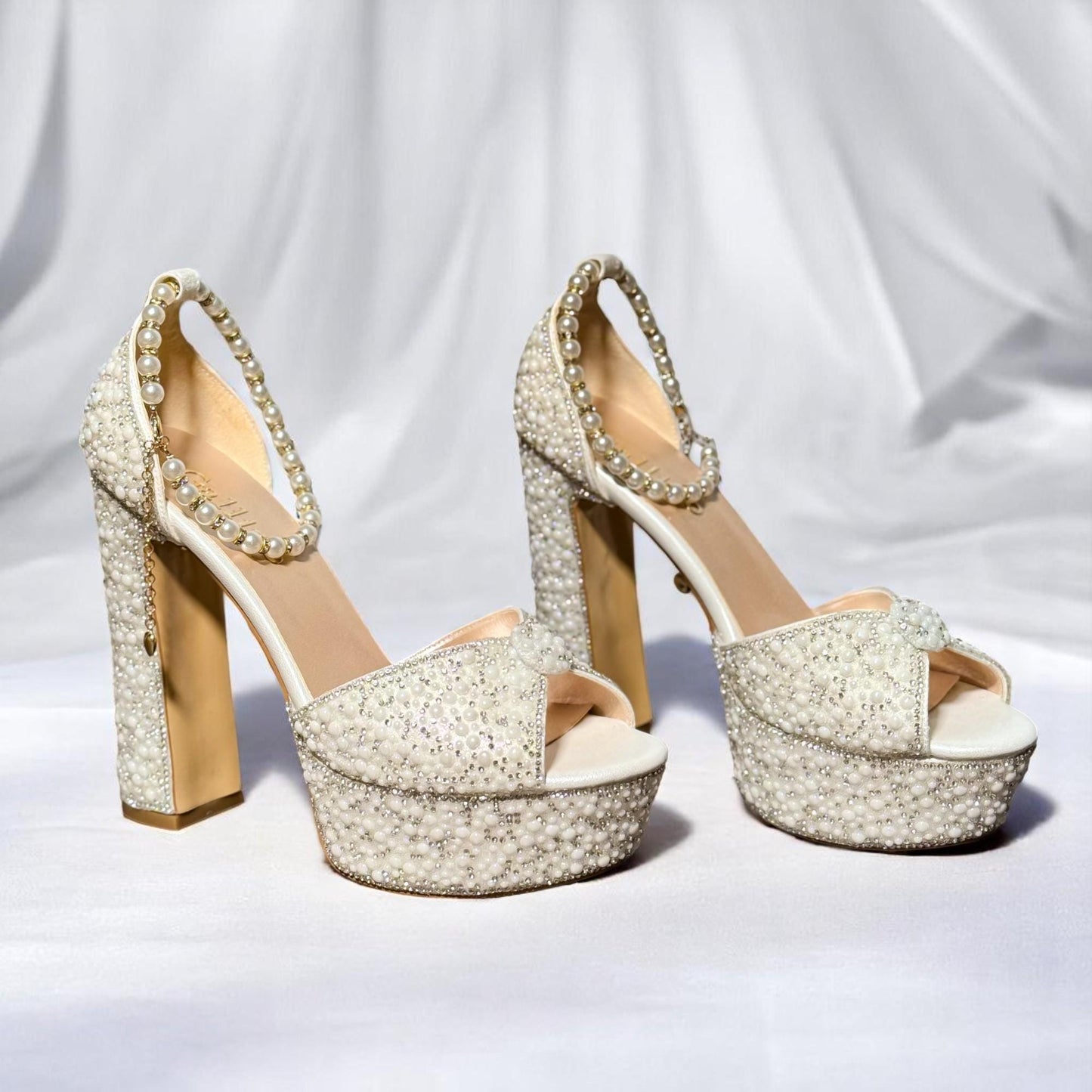 Pearl Rhinestone Wedding Shoes, Platform Bridal Heels with Crystal Sparkle, Ivory Block Heel
