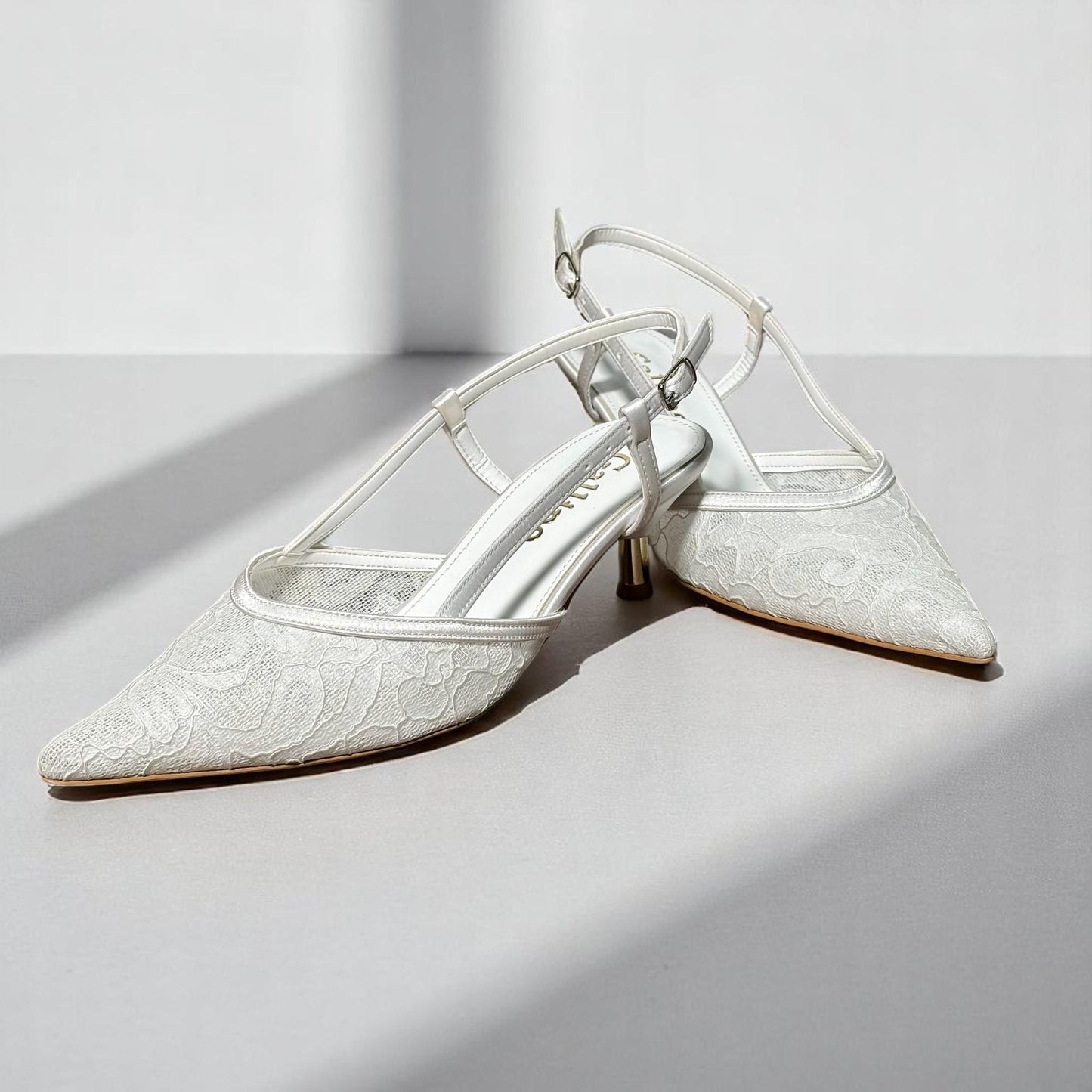 Pearl Lace Bridal Shoes, Embroidered Slingback Wedding Shoes, Short Glossy Kitten Heels