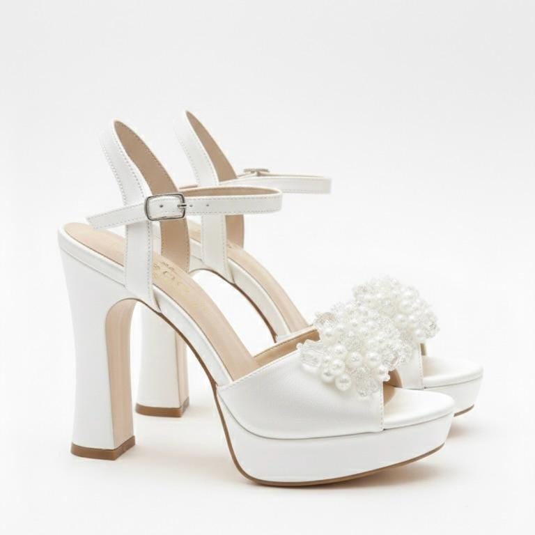Pearl Embellished Bridal Shoes, High Block Heels Platform Wedding Shoes